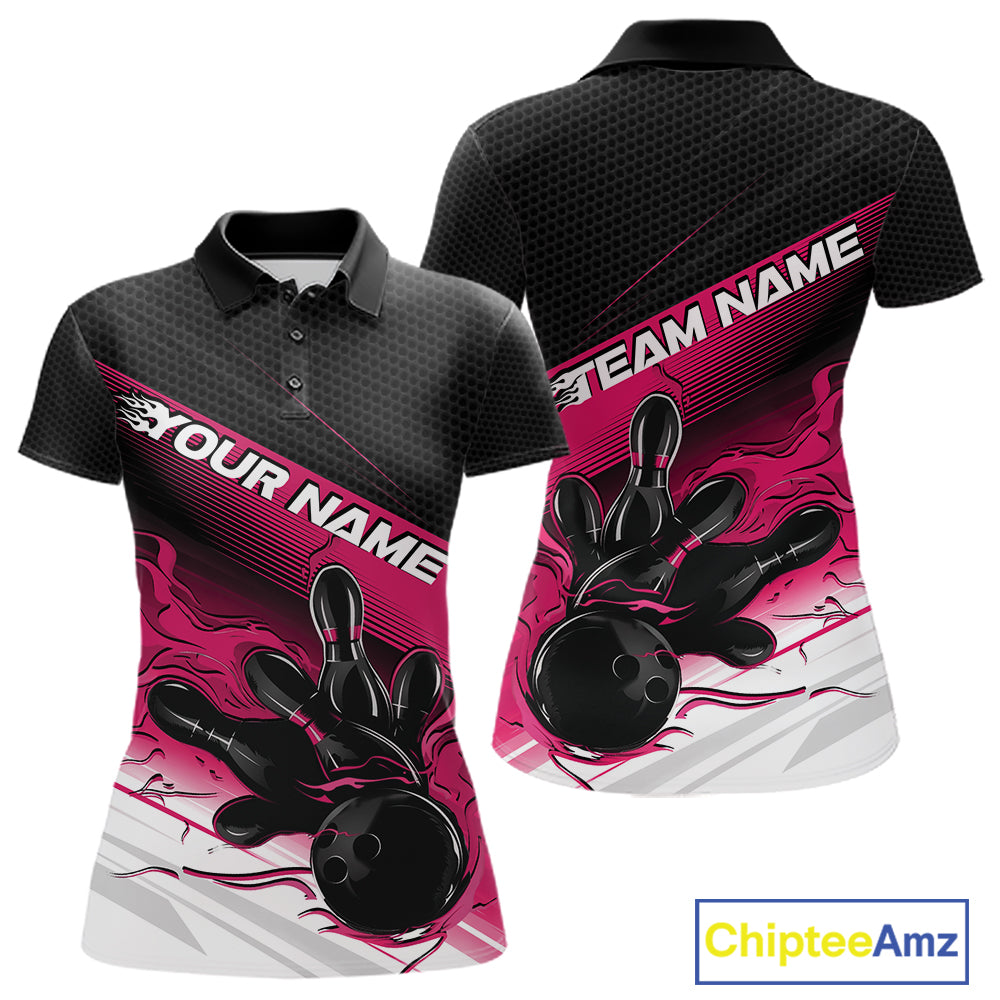Custom Black And Pink Flame Bowling Team Women Polo Shirt, Flame Bowling Jersey IPHW12022