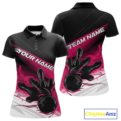 Custom Black And Pink Flame Bowling Team Women Polo Shirt, Flame Bowling Jersey IPHW12022