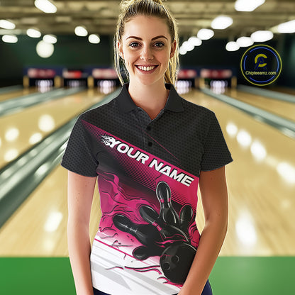 Custom Black And Pink Flame Bowling Team Women Polo Shirt, Flame Bowling Jersey IPHW12022