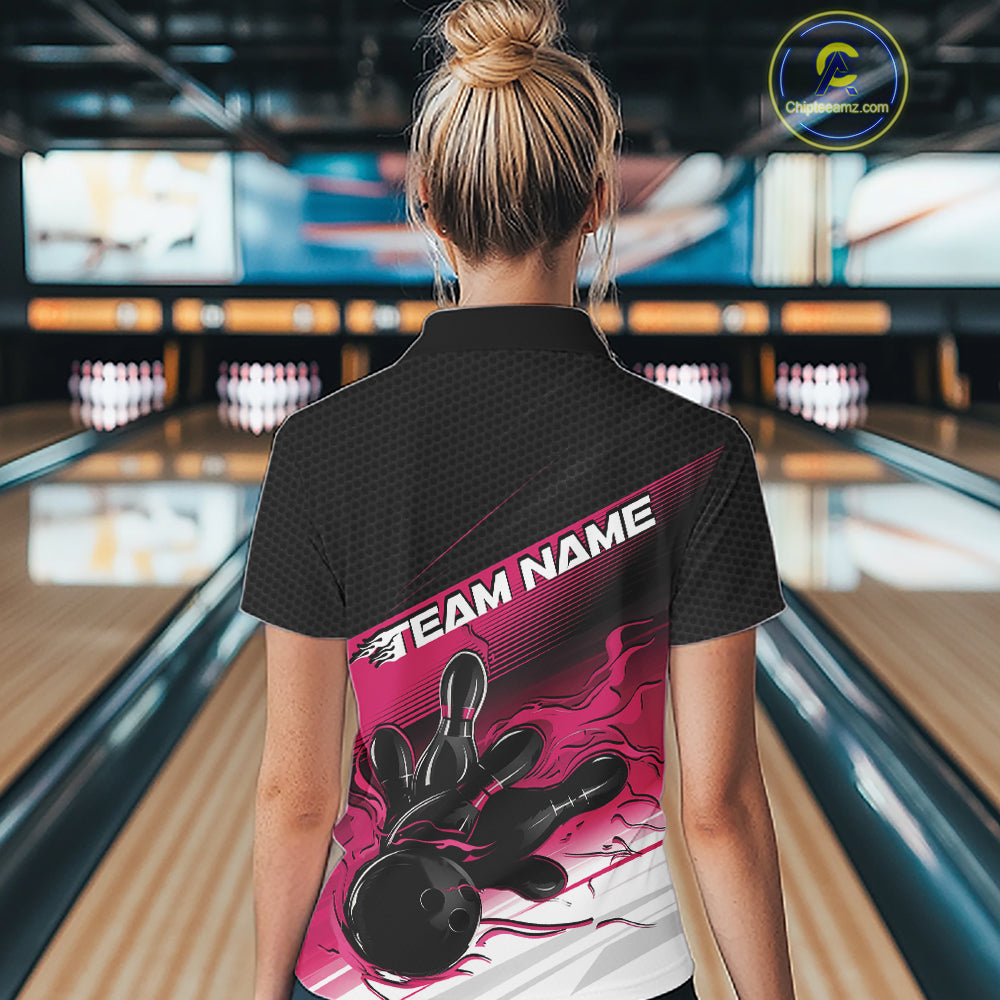 Custom Black And Pink Flame Bowling Team Women Polo Shirt, Flame Bowling Jersey IPHW12022