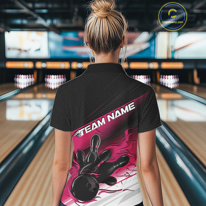 Custom Black And Pink Flame Bowling Team Women Polo Shirt, Flame Bowling Jersey IPHW12022