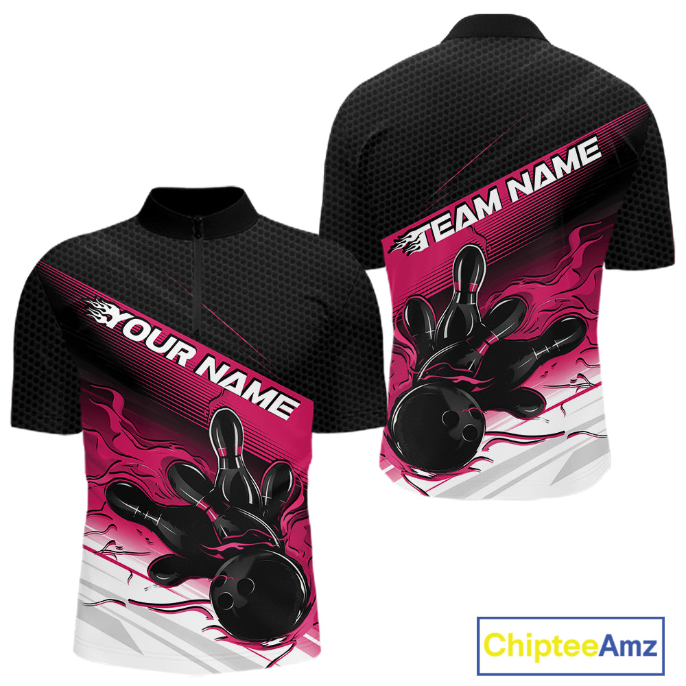 Custom Black And Pink Flame Bowling Team Men Quarter Zip Shirt, Flame Bowling Jersey IPHW12022