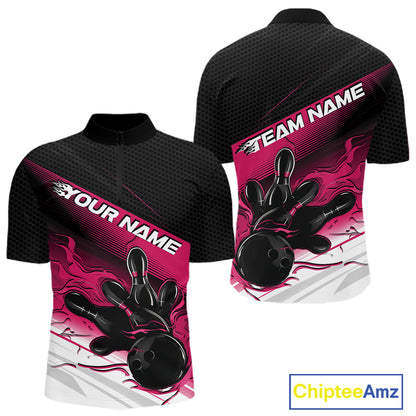 Custom Black And Pink Flame Bowling Team Men Quarter Zip Shirt, Flame Bowling Jersey IPHW12022