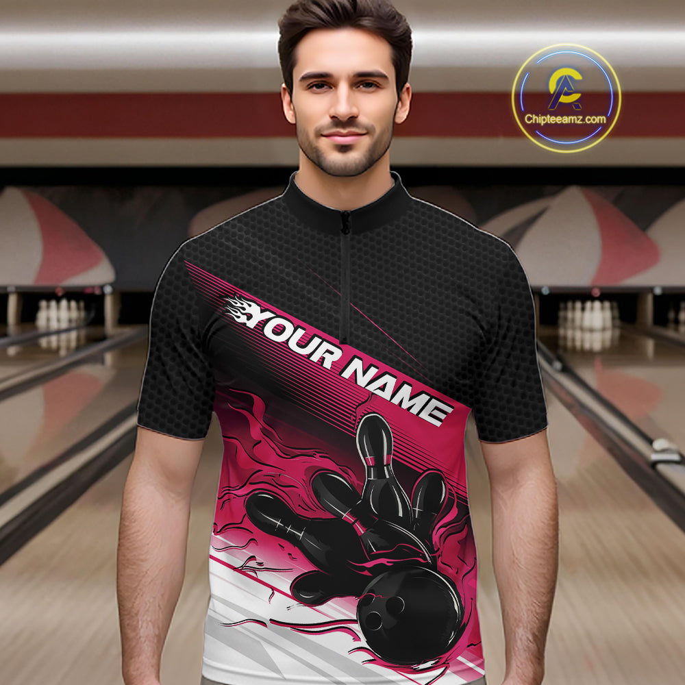Custom Black And Pink Flame Bowling Team Men Quarter Zip Shirt, Flame Bowling Jersey IPHW12022