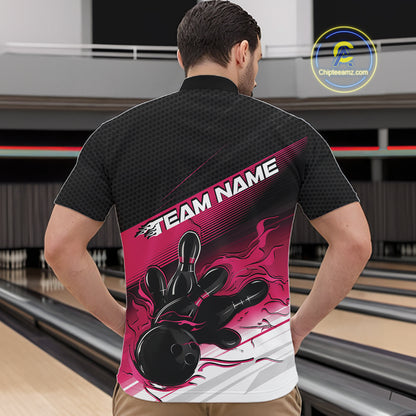 Custom Black And Pink Flame Bowling Team Men Quarter Zip Shirt, Flame Bowling Jersey IPHW12022