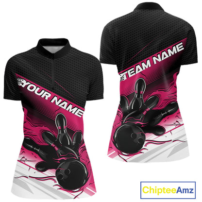 Custom Black And Pink Flame Bowling Team Women Quarter-Zip Shirt, Flame Bowling Jersey IPHW12022