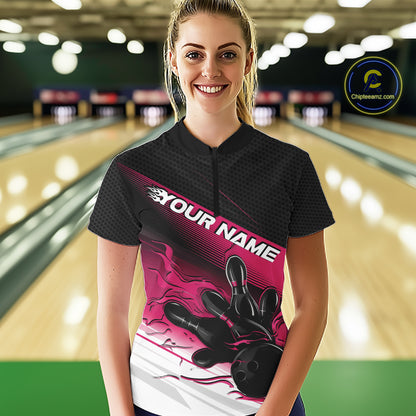 Custom Black And Pink Flame Bowling Team Women Quarter-Zip Shirt, Flame Bowling Jersey IPHW12022
