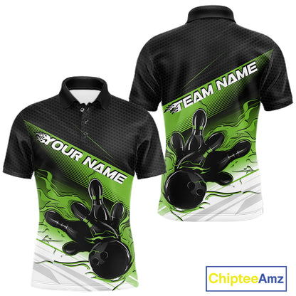 Custom Black And Green Flame Bowling Team Men Polo Shirt, Flame Bowling Jersey IPHW12023