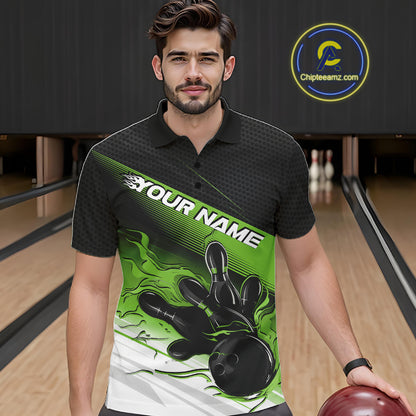 Custom Black And Green Flame Bowling Team Men Polo Shirt, Flame Bowling Jersey IPHW12023