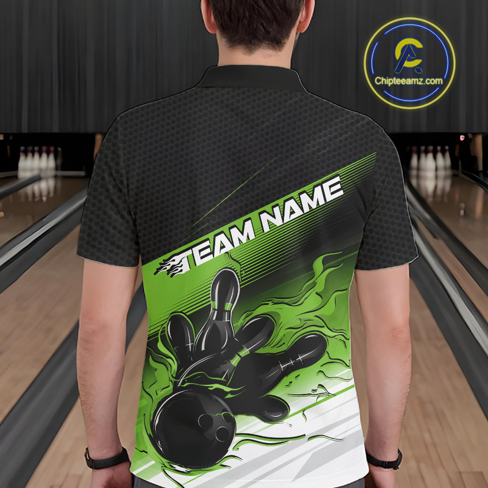 Custom Black And Green Flame Bowling Team Men Polo Shirt, Flame Bowling Jersey IPHW12023