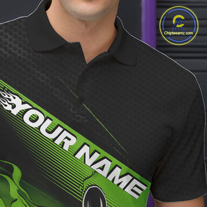 Custom Black And Green Flame Bowling Team Men Polo Shirt, Flame Bowling Jersey IPHW12023
