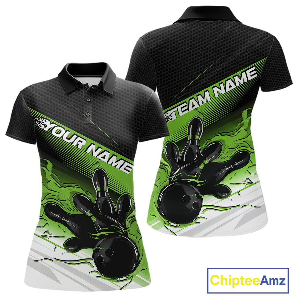 Custom Black And Green Flame Bowling Team Women Polo Shirt, Flame Bowling Jersey IPHW12023