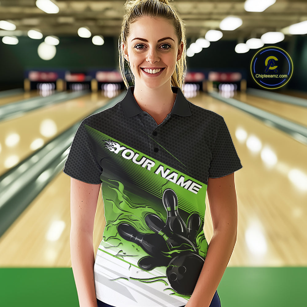 Custom Black And Green Flame Bowling Team Women Polo Shirt, Flame Bowling Jersey IPHW12023