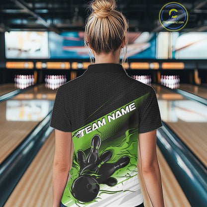 Custom Black And Green Flame Bowling Team Women Polo Shirt, Flame Bowling Jersey IPHW12023