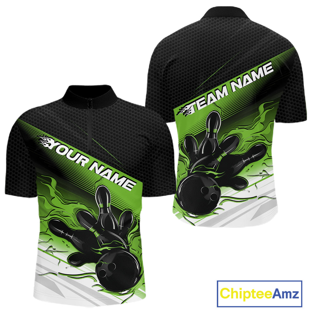 Custom Black And Green Flame Bowling Team Men Quarter Zip Shirt, Flame Bowling Jersey IPHW12023