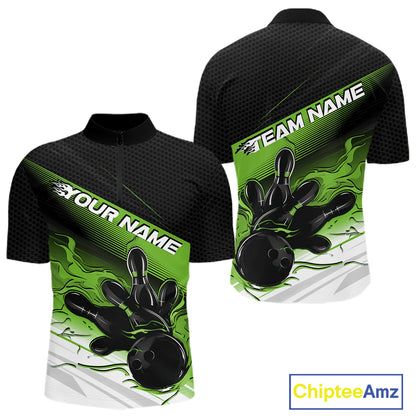 Custom Black And Green Flame Bowling Team Men Quarter Zip Shirt, Flame Bowling Jersey IPHW12023