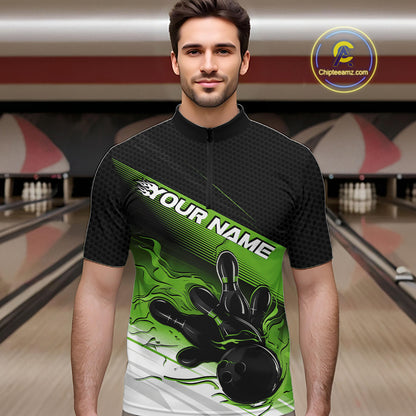Custom Black And Green Flame Bowling Team Men Quarter Zip Shirt, Flame Bowling Jersey IPHW12023