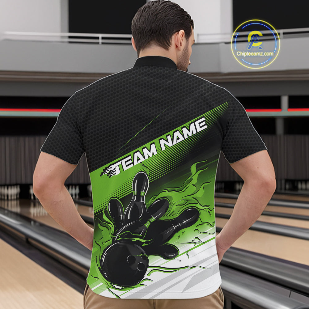 Custom Black And Green Flame Bowling Team Men Quarter Zip Shirt, Flame Bowling Jersey IPHW12023