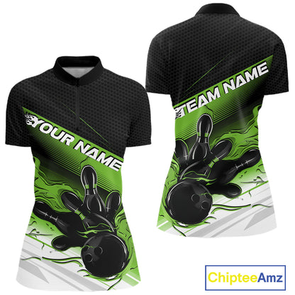 Custom Black And Green Flame Bowling Team Women Quarter-Zip Shirt, Flame Bowling Jersey IPHW12023