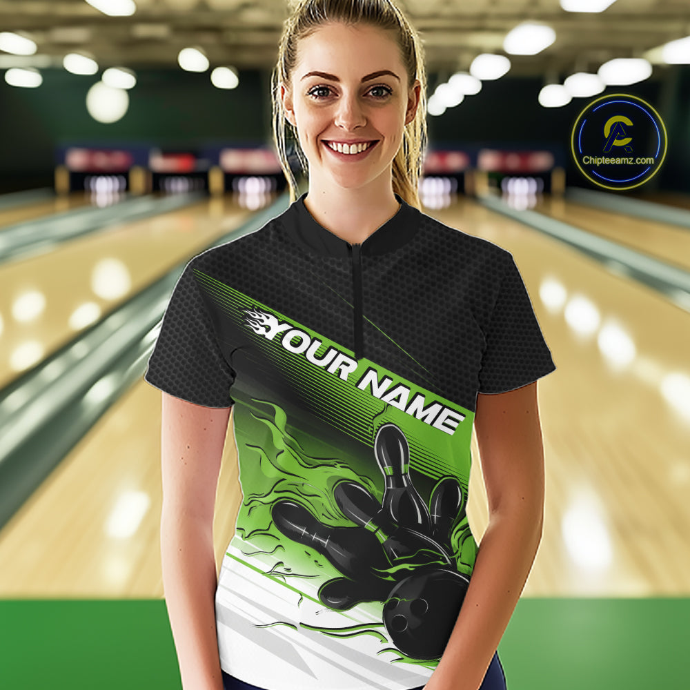 Custom Black And Green Flame Bowling Team Women Quarter-Zip Shirt, Flame Bowling Jersey IPHW12023