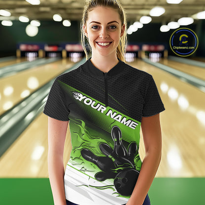 Custom Black And Green Flame Bowling Team Women Quarter-Zip Shirt, Flame Bowling Jersey IPHW12023
