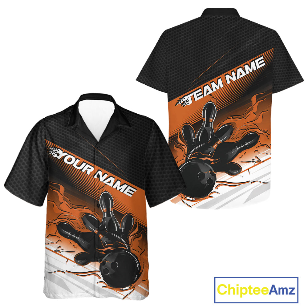 Custom Black And Orange Flame Bowling Team Men And Women Button Up Shirt, Flame Bowling Jersey IPHW12024