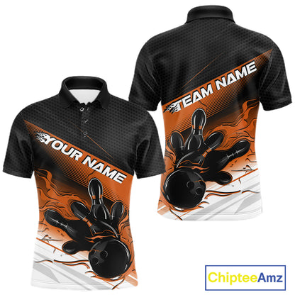 Custom Black And Orange Flame Bowling Team Men Polo Shirt, Flame Bowling Jersey IPHW12024