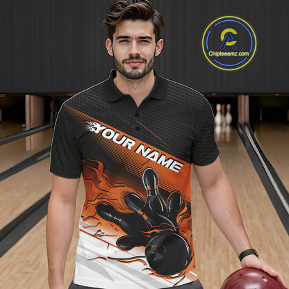 Custom Black And Orange Flame Bowling Team Men Polo Shirt, Flame Bowling Jersey IPHW12024