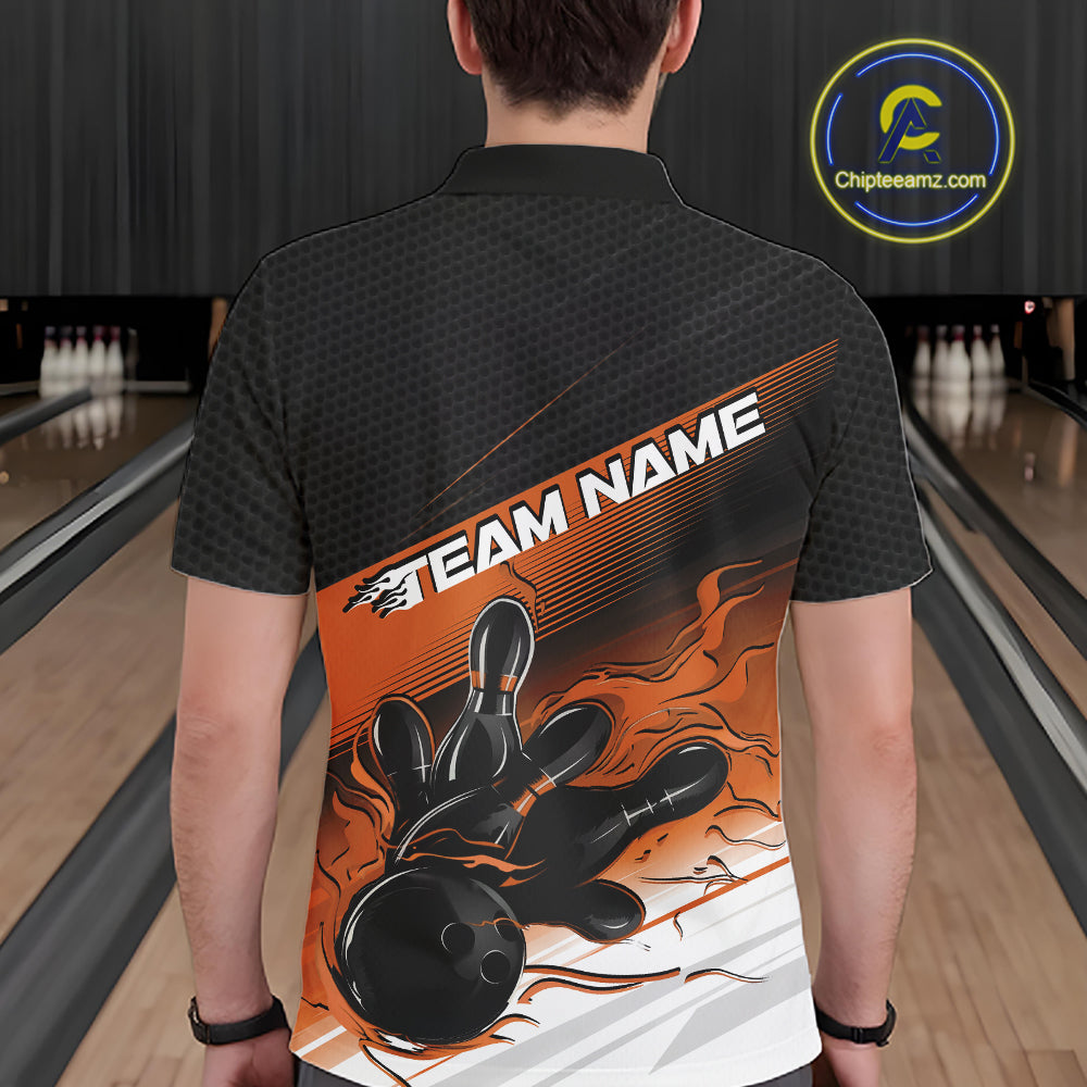 Custom Black And Orange Flame Bowling Team Men Polo Shirt, Flame Bowling Jersey IPHW12024