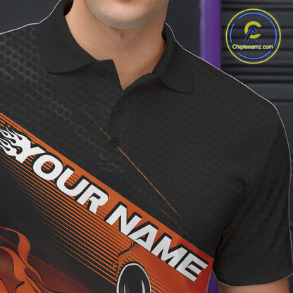 Custom Black And Orange Flame Bowling Team Men Polo Shirt, Flame Bowling Jersey IPHW12024