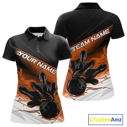 Custom Black And Orange Flame Bowling Team Women Polo Shirt, Flame Bowling Jersey IPHW12024
