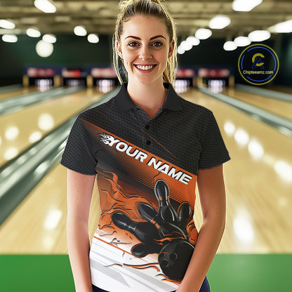 Custom Black And Orange Flame Bowling Team Women Polo Shirt, Flame Bowling Jersey IPHW12024