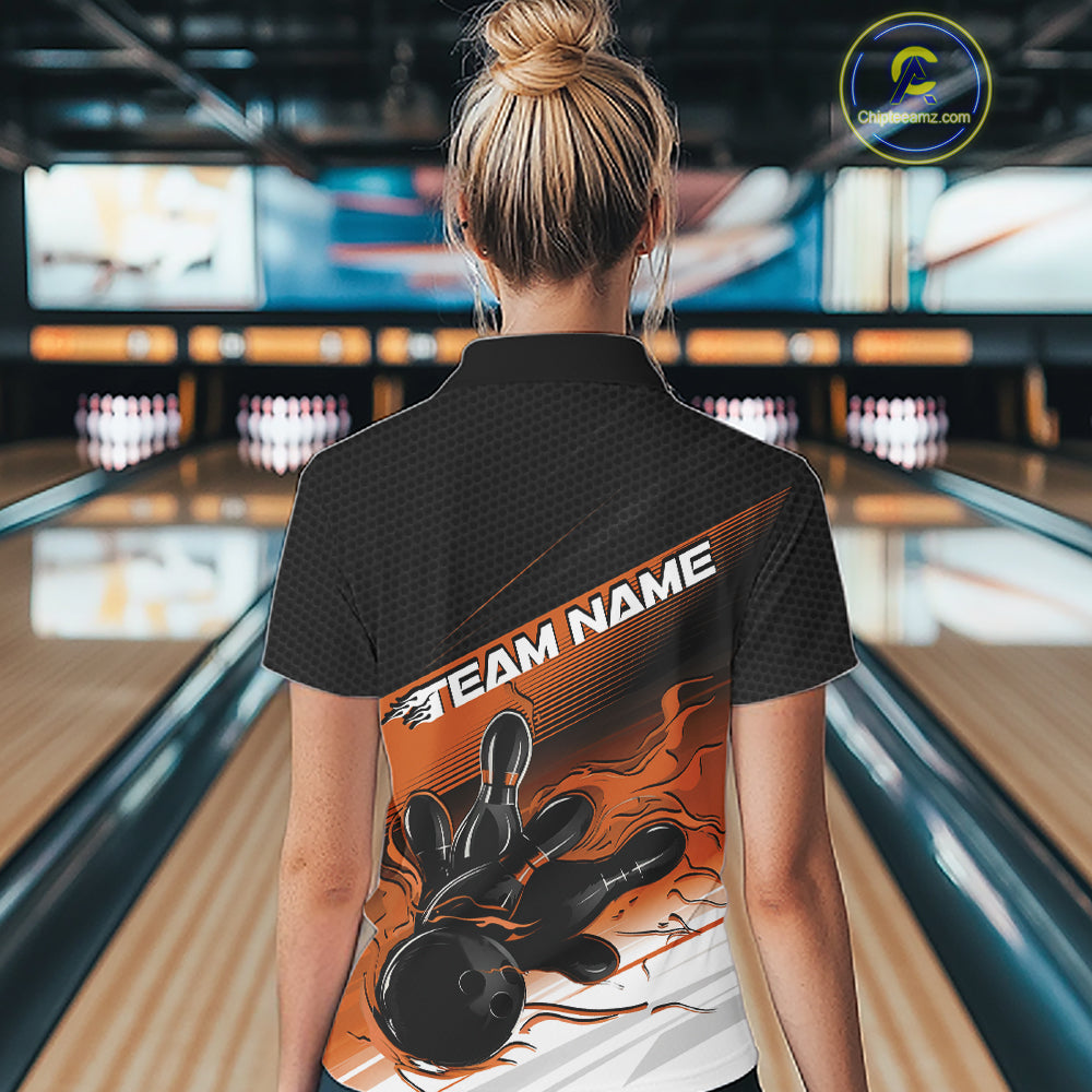Custom Black And Orange Flame Bowling Team Women Polo Shirt, Flame Bowling Jersey IPHW12024