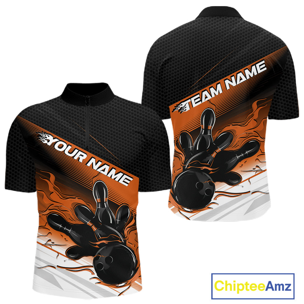 Custom Black And Orange Flame Bowling Team Men Quarter Zip Shirt, Flame Bowling Jersey IPHW12024