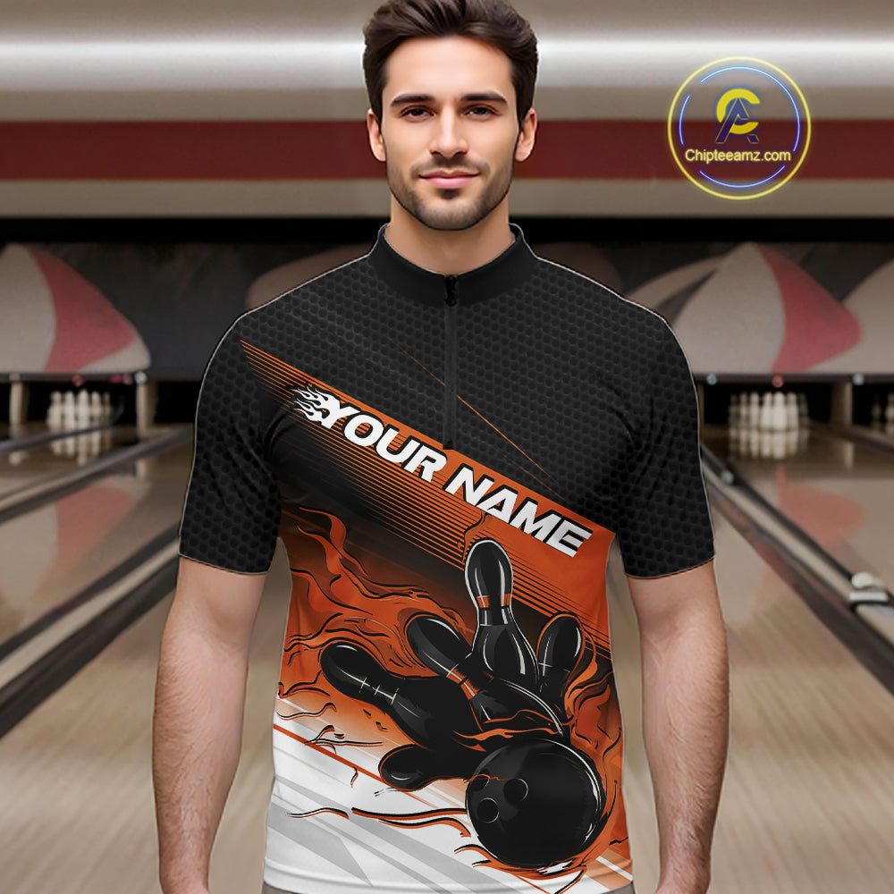 Custom Black And Orange Flame Bowling Team Men Quarter Zip Shirt, Flame Bowling Jersey IPHW12024