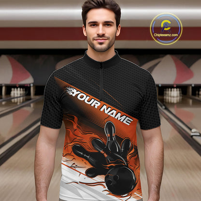 Custom Black And Orange Flame Bowling Team Men Quarter Zip Shirt, Flame Bowling Jersey IPHW12024