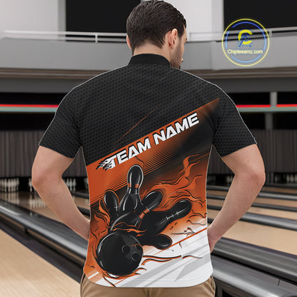 Custom Black And Orange Flame Bowling Team Men Quarter Zip Shirt, Flame Bowling Jersey IPHW12024