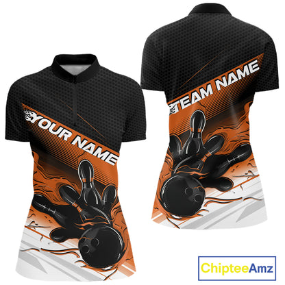 Custom Black And Orange Flame Bowling Team Women Quarter-Zip Shirt, Flame Bowling Jersey IPHW12024