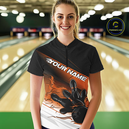 Custom Black And Orange Flame Bowling Team Women Quarter-Zip Shirt, Flame Bowling Jersey IPHW12024