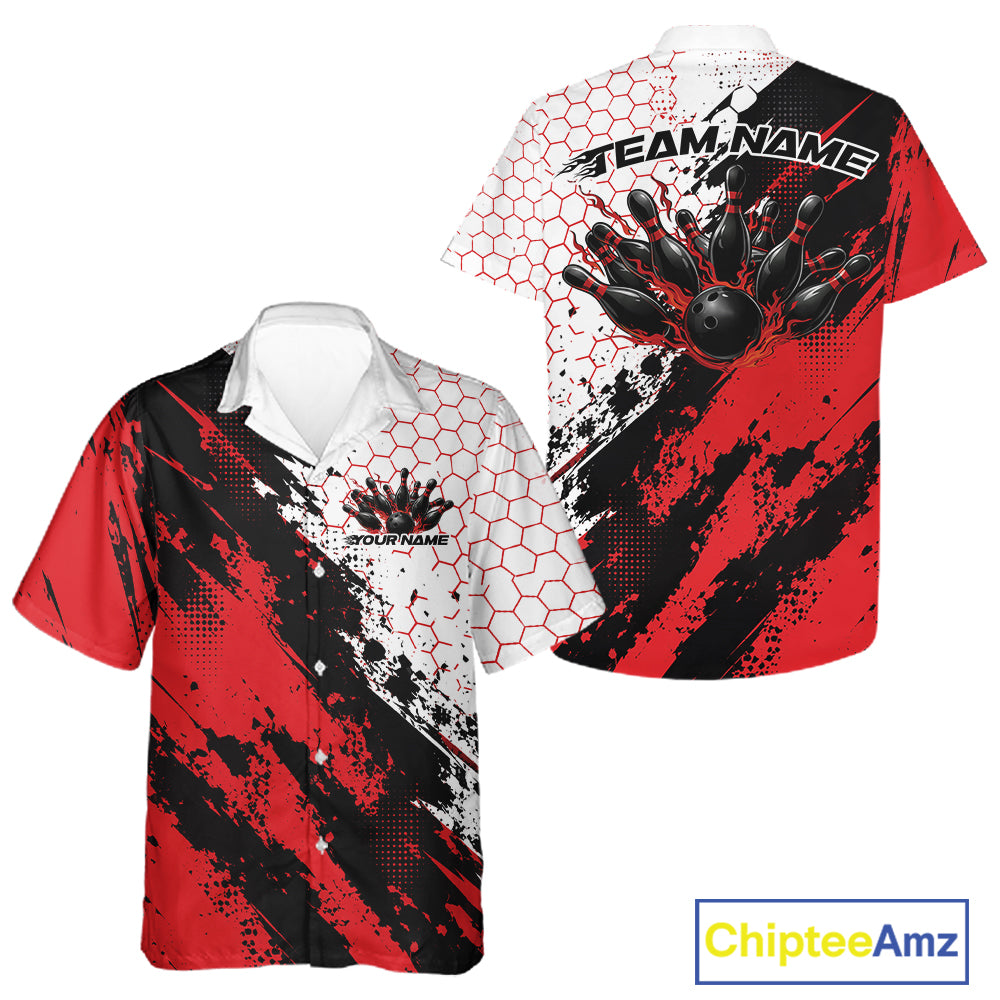 Custom Black And Red Splatter Flame Bowling Men And Women Button Up Shirt, Bowling Tournament Shirt IPHW12030