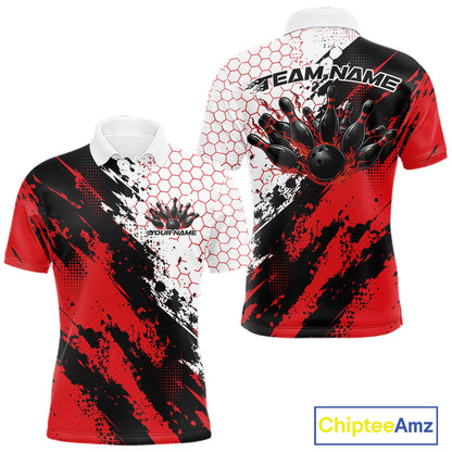 Custom Black And Red Splatter Flame Bowling Men Polo Shirt, Bowling Tournament Shirt IPHW12030