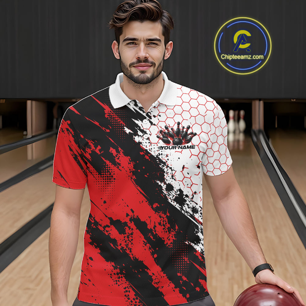 Custom Black And Red Splatter Flame Bowling Men Polo Shirt, Bowling Tournament Shirt IPHW12030