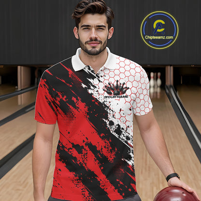 Custom Black And Red Splatter Flame Bowling Men Polo Shirt, Bowling Tournament Shirt IPHW12030