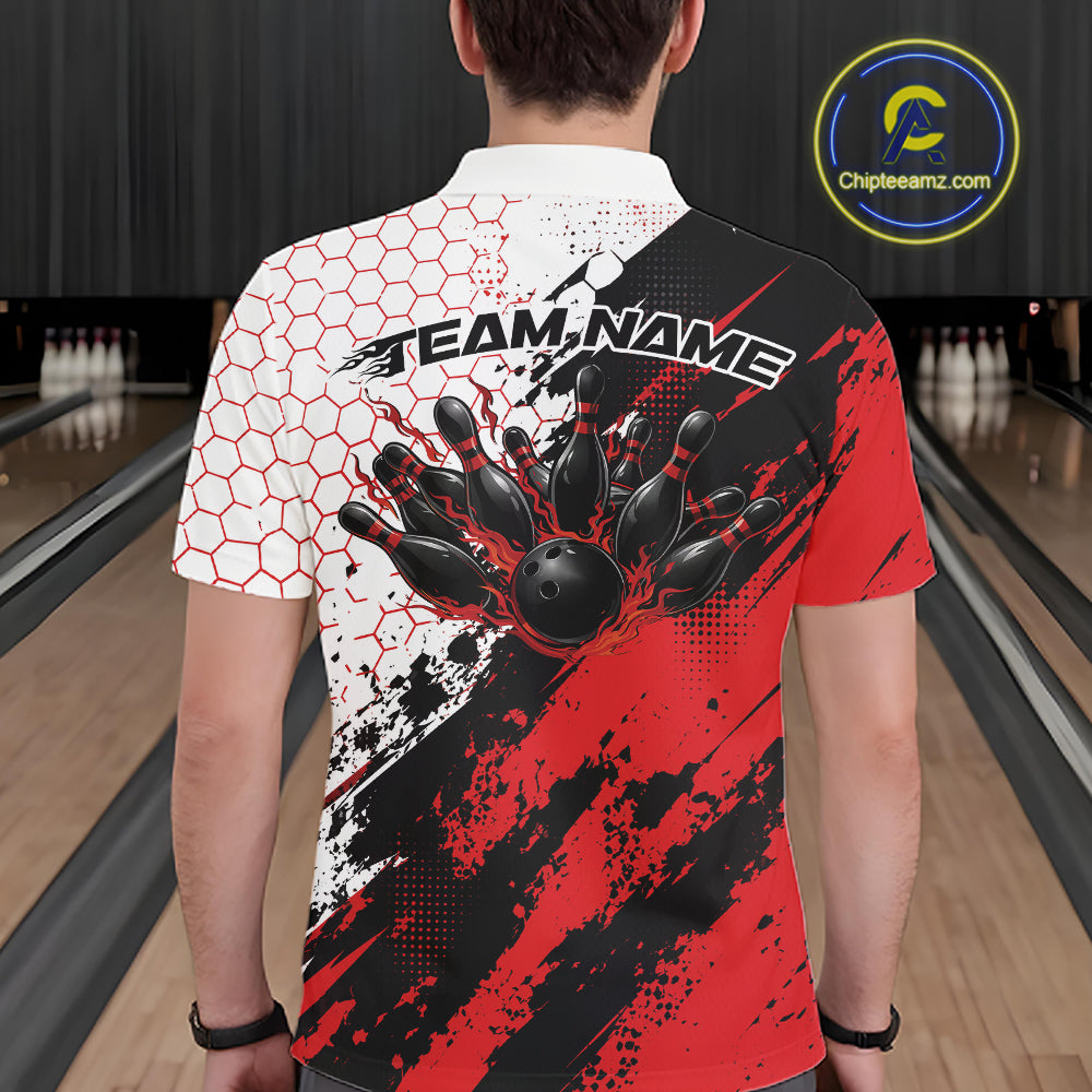 Custom Black And Red Splatter Flame Bowling Men Polo Shirt, Bowling Tournament Shirt IPHW12030