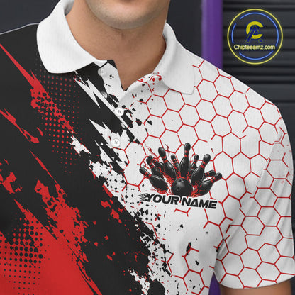 Custom Black And Red Splatter Flame Bowling Men Polo Shirt, Bowling Tournament Shirt IPHW12030