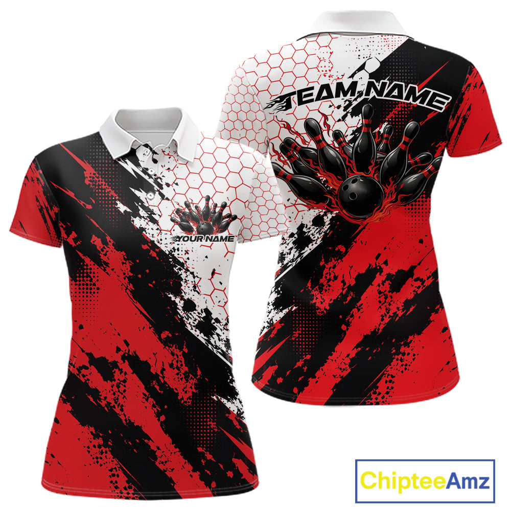 Custom Black And Red Splatter Flame Bowling Women Polo Shirt, Bowling Tournament Shirt IPHW12030