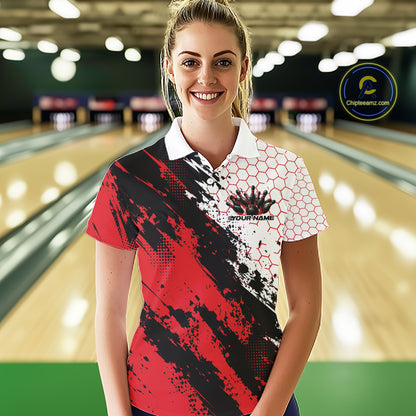 Custom Black And Red Splatter Flame Bowling Women Polo Shirt, Bowling Tournament Shirt IPHW12030