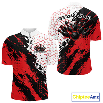 Custom Black And Red Splatter Flame Bowling Men Quarter Zip Shirt, Bowling Tournament Shirt IPHW12030