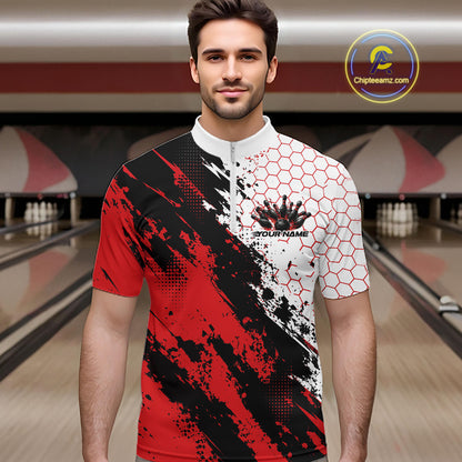 Custom Black And Red Splatter Flame Bowling Men Quarter Zip Shirt, Bowling Tournament Shirt IPHW12030