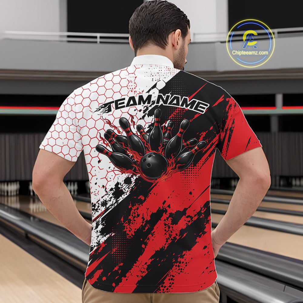 Custom Black And Red Splatter Flame Bowling Men Quarter Zip Shirt, Bowling Tournament Shirt IPHW12030